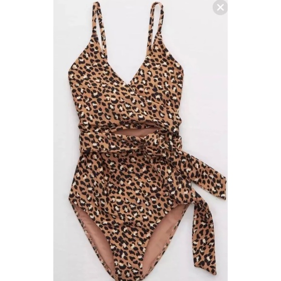 aerie Swim New Aerie Brown Leopard Wrap Around One Piece Swimsuit